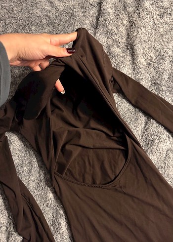 Kahverengi Uzun Kollu dar  Kadın Elbise - Görsel 2