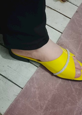 39 Beden sarı Renk Sarı Tokalı Blok Topuk Kadın Terlik
