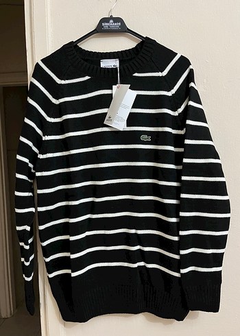 Lacoste Siyah Beyaz Cizgili Bisiklet Yaka Kazak
