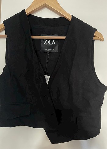 Zara Siyah Keten Düğmeli V Yaka Yelek
