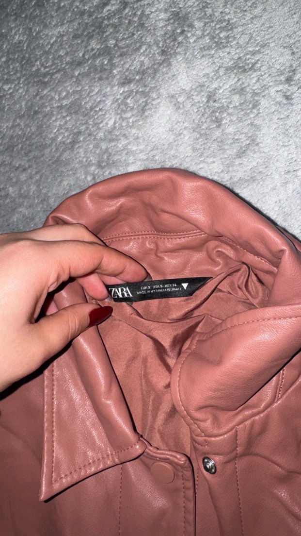 Düğmeli Pembe Deri Kadın Ceket - Görsel 2