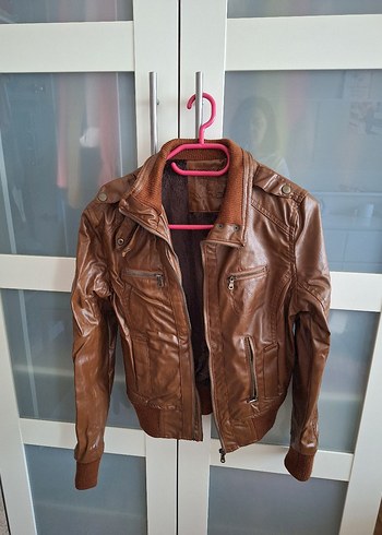 Kahverengi Parlak Deri Biker Ceket