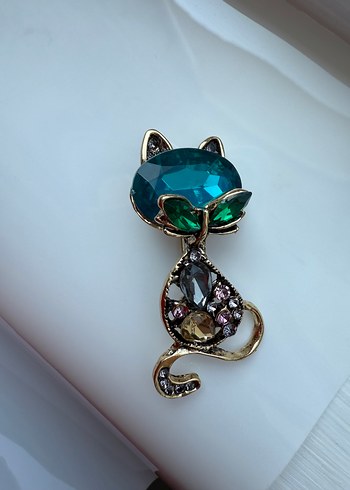 Beden Renkli Turkuaz Taşlı Kadın Kedi Broş
