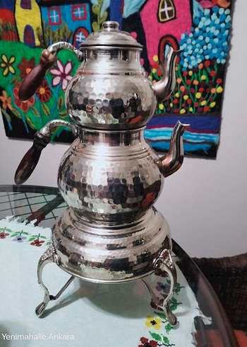 Gümüş Renkli Dövme Trabzon Bakırı Çaydanlık Takımı