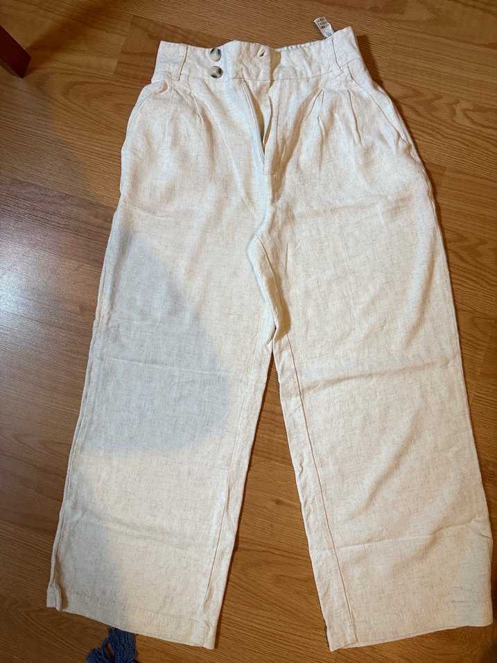 Bej Keten Kadın Pilili Pantolon stradivarius - Görsel 4