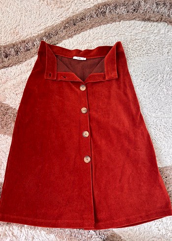 Düğmeli Bordo Süet Midi Etek - Görsel 2