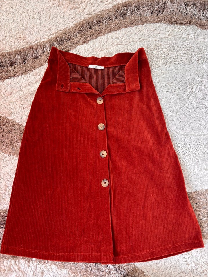 Düğmeli Bordo Süet Midi Etek - Görsel 2