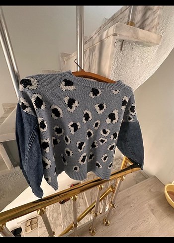l Beden gri Renk Gri Bağlama Desenli Triko ve Denim Kollu Kadın Kazak