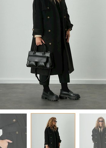 Premium Kaşe Trenç Kaban- Siyah Oversize - Görsel 5