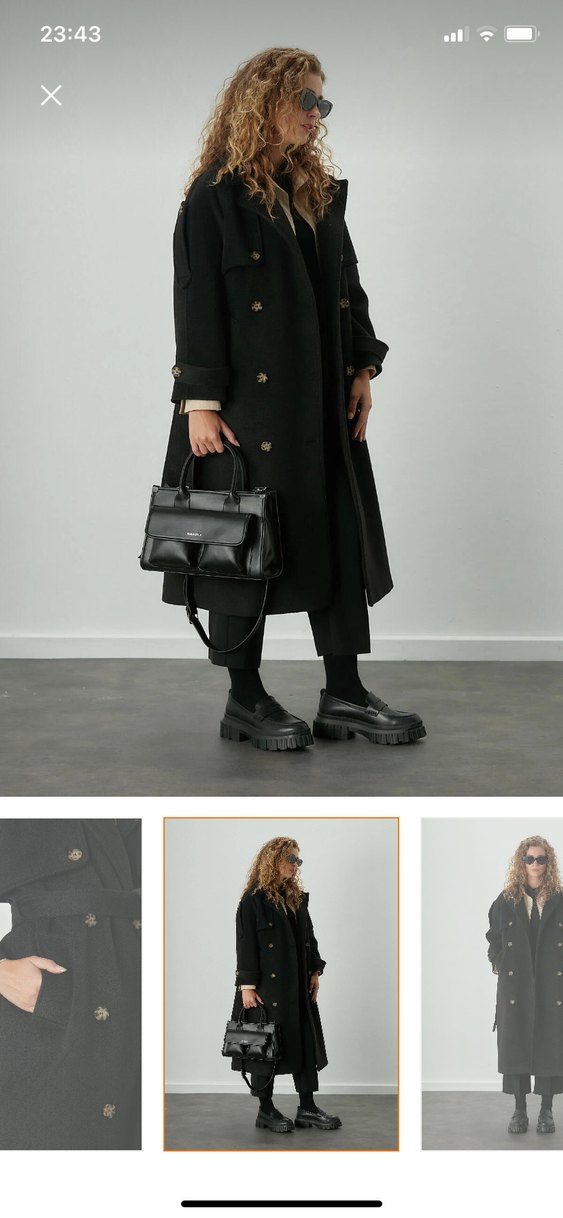 Premium Kaşe Trenç Kaban- Siyah Oversize - Görsel 5