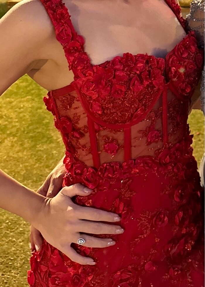 Alfabeta Kırmızı Gül işlemeli Yırtmaçlı Abiye - Görsel 2