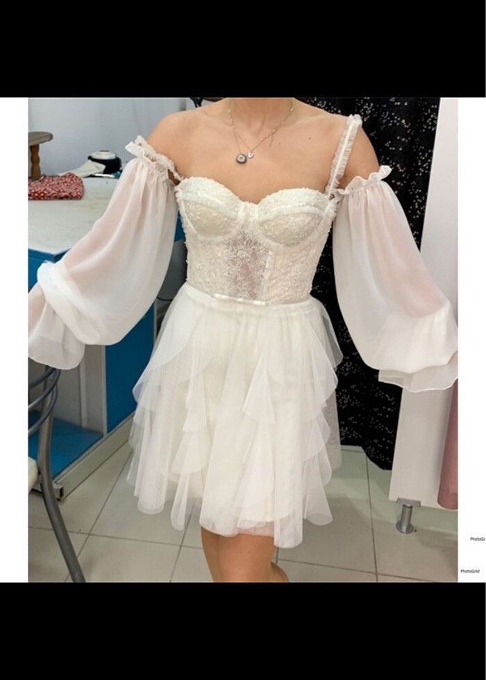 Beyaz After Party Elbise - Görsel 2