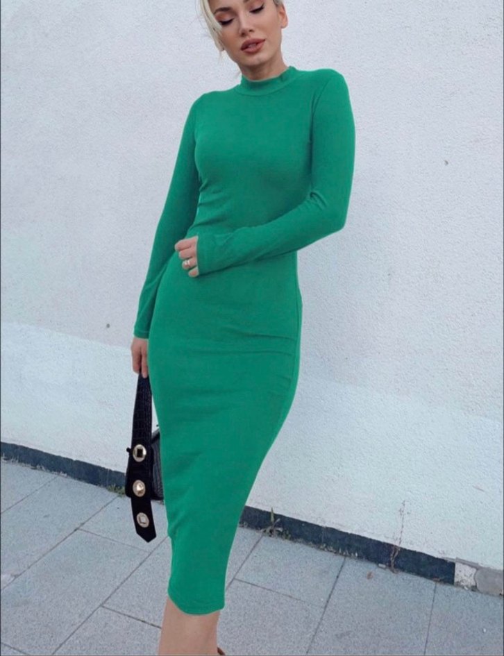 Yarım balıkçı yaka süet kumaş midi boy elbise - Görsel 2