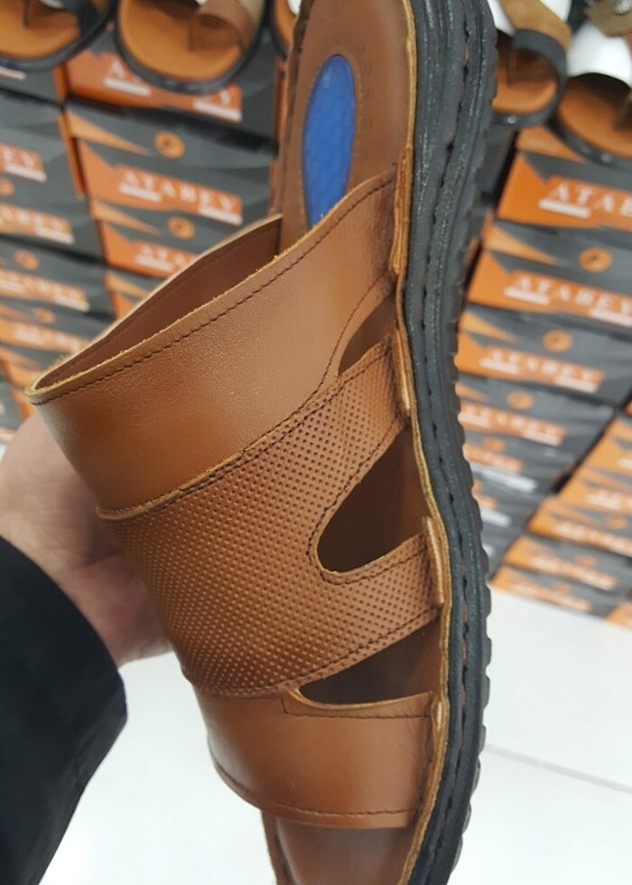 İçi dışı hakiki deri erkek terlik YENİ ETİKETLİ (taba) - Görsel 2