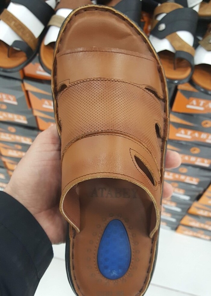 İçi dışı hakiki deri erkek terlik YENİ ETİKETLİ (taba) - Görsel 4