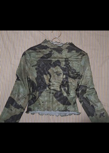 Uzun Kollu Gri Transparan Baskılı Bluz - Görsel 3