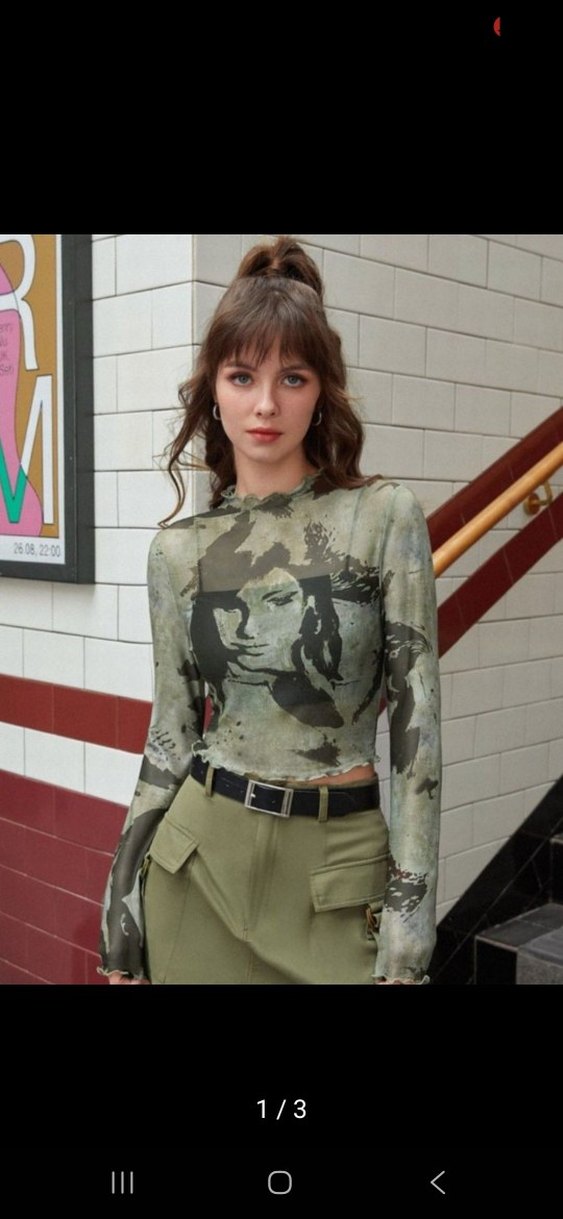 Uzun Kollu Gri Transparan Baskılı Bluz - Görsel 2