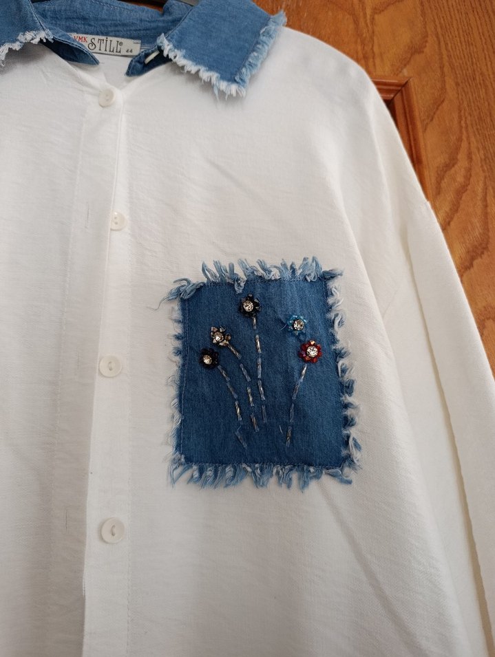 Düğmeli Beyaz Denim Bohem Gömlek - Görsel 2