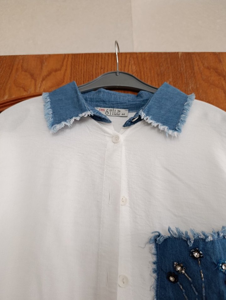 Düğmeli Beyaz Denim Bohem Gömlek - Görsel 3