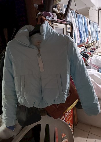 Mavi Mini Kısa Fermuarlı Kadın Mont