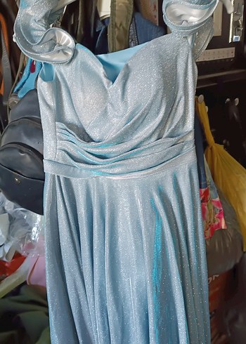 Mavi Drapeli Uzun Straplez Abiye Elbise - Görsel 3