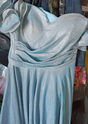 Mavi Drapeli Uzun Straplez Abiye Elbise - Görsel 6