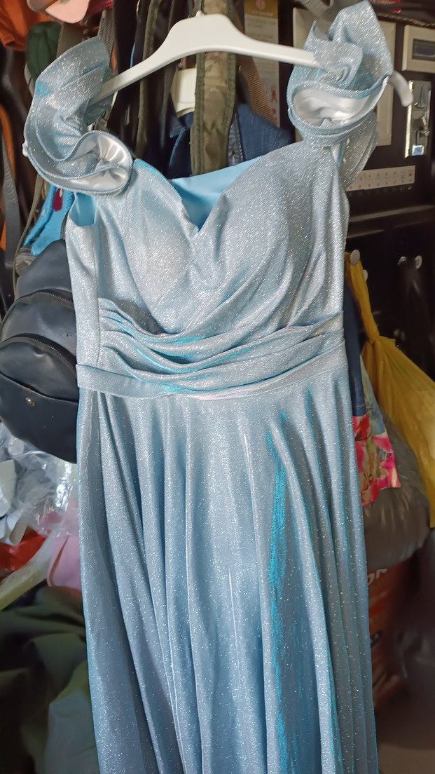 Mavi Drapeli Uzun Straplez Abiye Elbise - Görsel 3