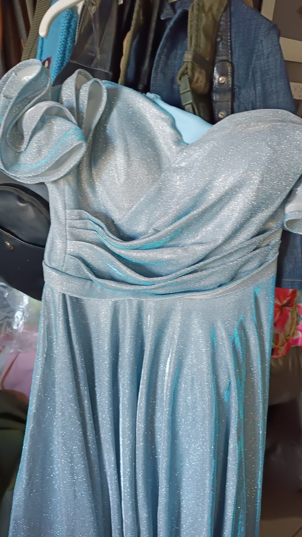 Mavi Drapeli Uzun Straplez Abiye Elbise - Görsel 2