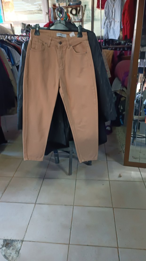 Bej Kadın Bol Kesim Midi Kot Pantolon - Görsel 5