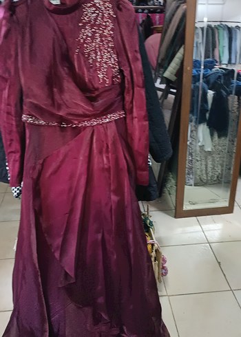 Bordo Uzun Kollu İşlemeli Abiye Elbise - Görsel 2