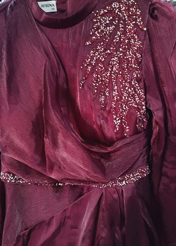 Bordo Uzun Kollu İşlemeli Abiye Elbise - Görsel 4