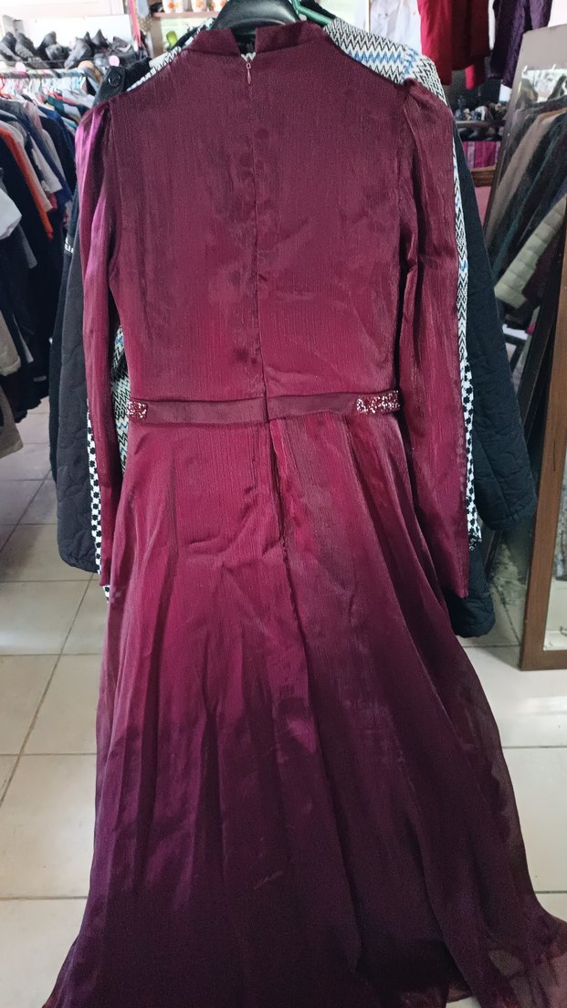 Bordo Uzun Kollu İşlemeli Abiye Elbise - Görsel 3