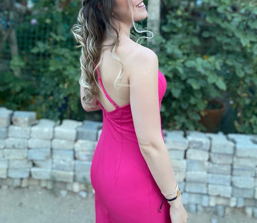 Pembe Etek Ucu Tüylü Midi Abiye Elbise - Görsel 2