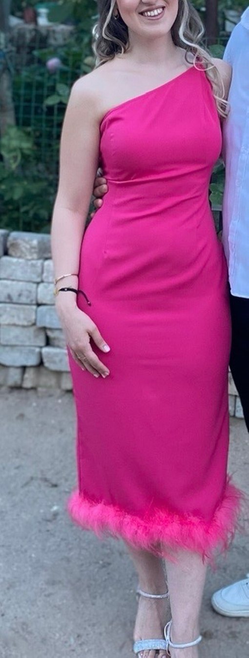 Pembe Etek Ucu Tüylü Midi Abiye Elbise - Görsel 3