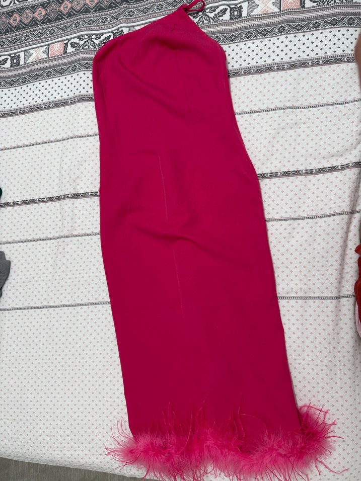 Pembe Etek Ucu Tüylü Midi Abiye Elbise - Görsel 4