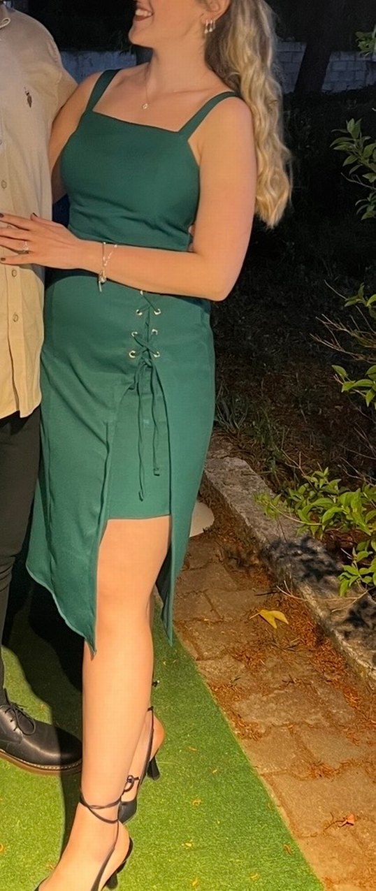 Yeşil  Midi Kalem Yırtmaçlı Elbise - Görsel 2