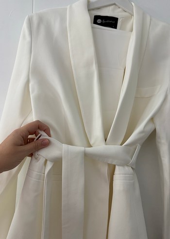 Beyaz Kemerli Midi Kadın Takım Elbise - Görsel 8