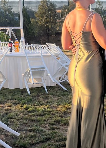 Yırtmaçlı Uzun Saten Balık Abiye -Haki - Görsel 6