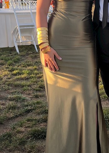 Yırtmaçlı Uzun Saten Balık Abiye -Haki - Görsel 4