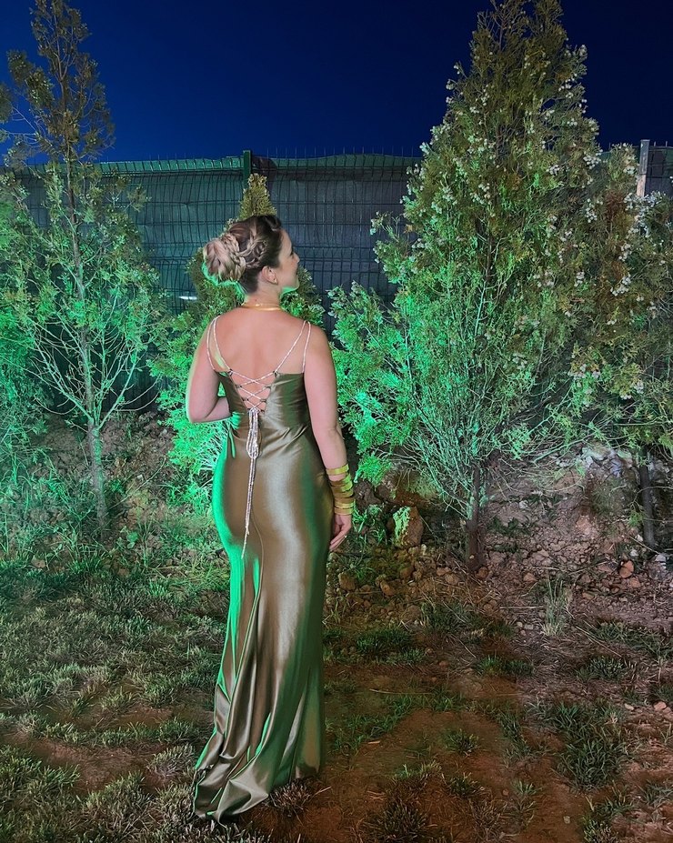 Yırtmaçlı Uzun Saten Balık Abiye -Haki - Görsel 3