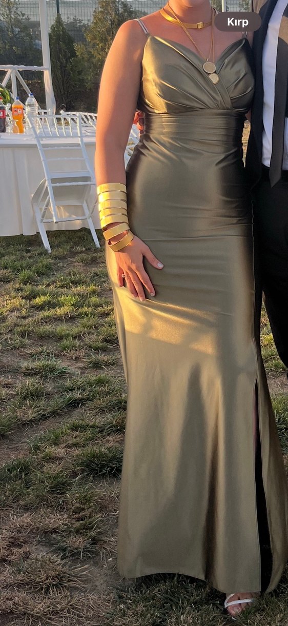 Yırtmaçlı Uzun Saten Balık Abiye -Haki - Görsel 4