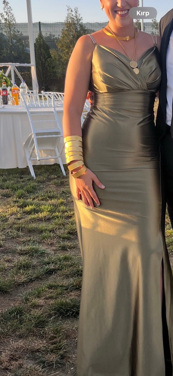 Yırtmaçlı Uzun Saten Balık Abiye -Haki - Görsel 5