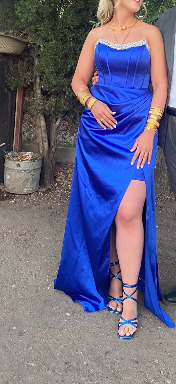 Taşlı Straplez Bacak Dekolteli Uzun Saten Abiye Elbise Saks Mavi - Görsel 2