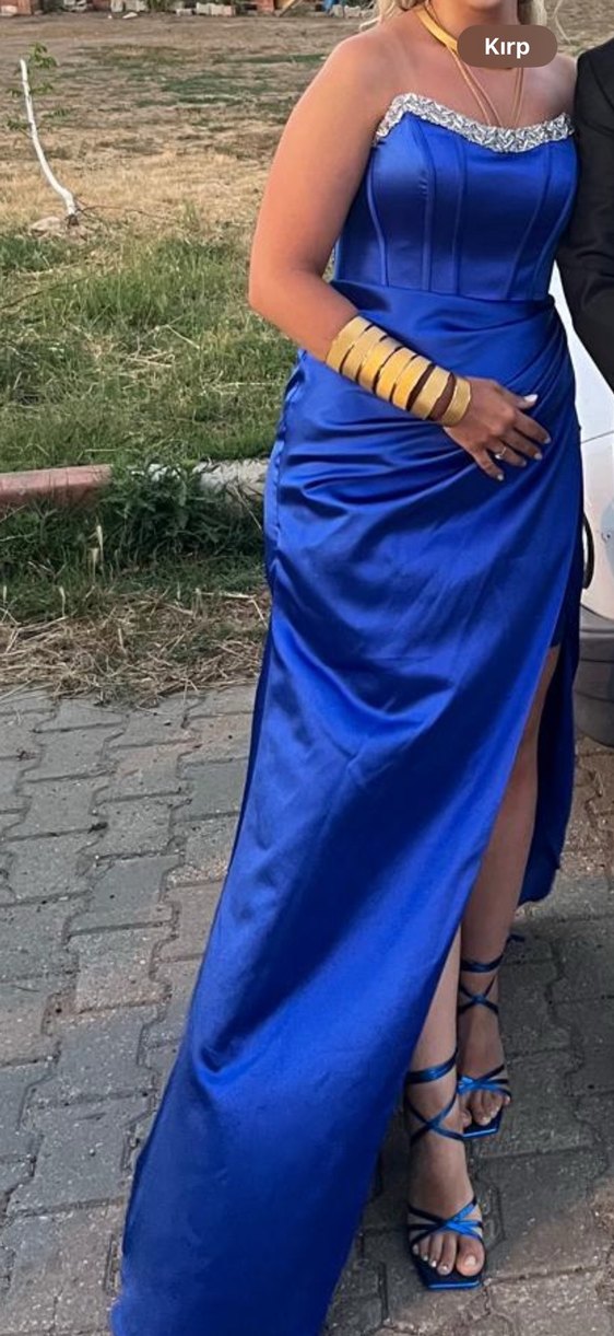 Taşlı Straplez Bacak Dekolteli Uzun Saten Abiye Elbise Saks Mavi - Görsel 4