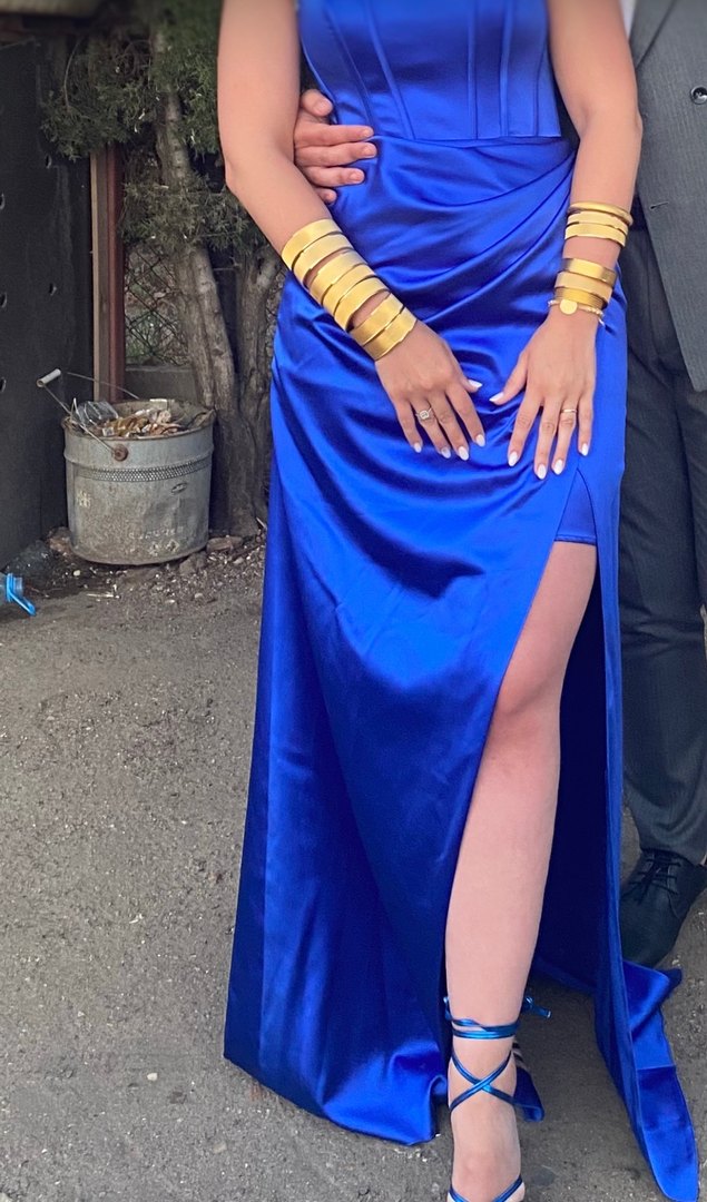 Taşlı Straplez Bacak Dekolteli Uzun Saten Abiye Elbise Saks Mavi - Görsel 3