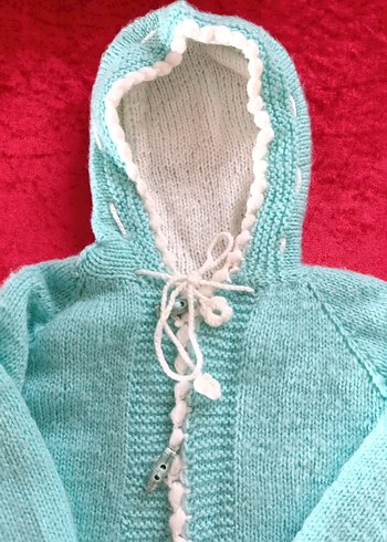 Kız veya erkek Çocuk Turkuaz Kapüşonlu Örgü Hırka - Görsel 2