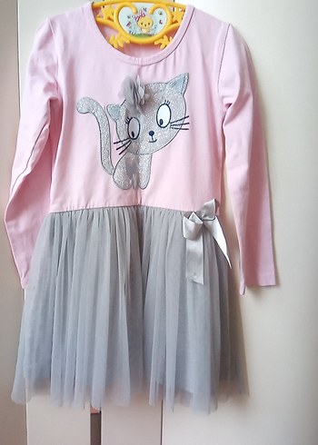 Pembe ve Gri Fiyonklu Kız Çocuk Elbisesi