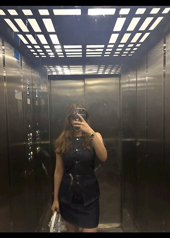 On Fashion Lacivert Denim ikili takım yelek etek