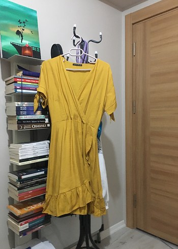 Sarı V Yaka Midi Bohem Elbise