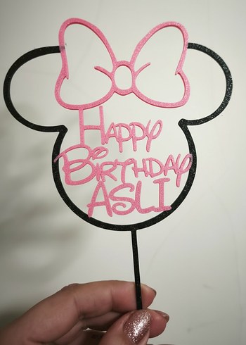 Pembe Minnie Mouse Doğum Günü Pasta Süsü - İsim yazılır